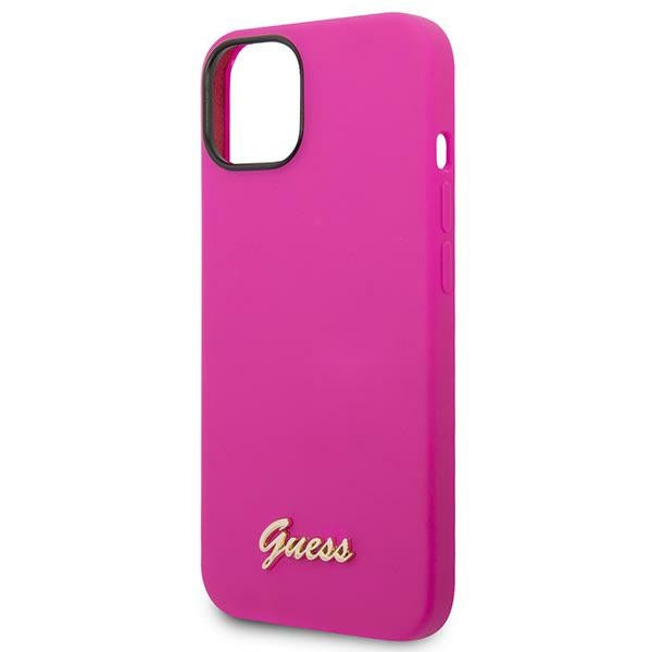 Силиконов калъф Guess Vintage Gold Logo за iPhone 14 / 15 Plus - Фуксия