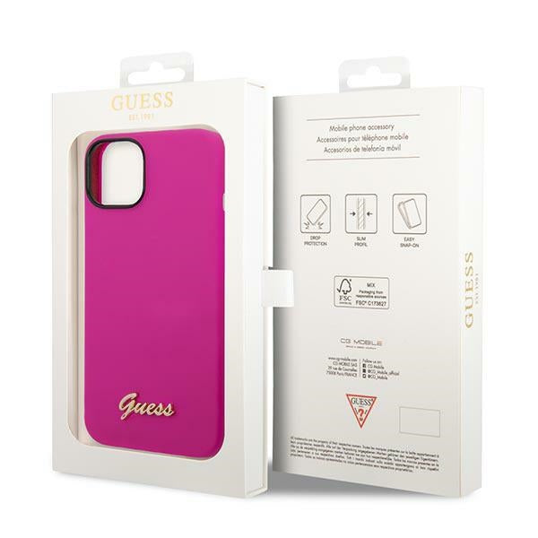 Силиконов калъф Guess Vintage Gold Logo за iPhone 14 / 15 Plus - Фуксия