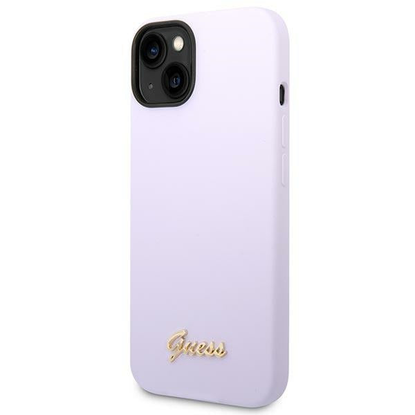 Силиконов калъф Guess Vintage Gold Logo за iPhone 14 / 15 Plus - лилав