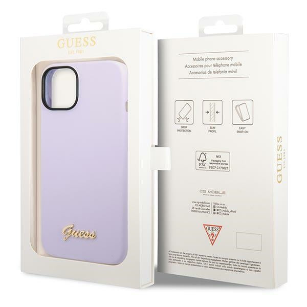Силиконов калъф Guess Vintage Gold Logo за iPhone 14 / 15 Plus - лилав