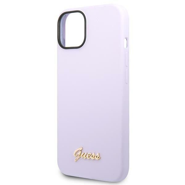 Силиконов калъф Guess Vintage Gold Logo за iPhone 14 / 15 Plus - лилав