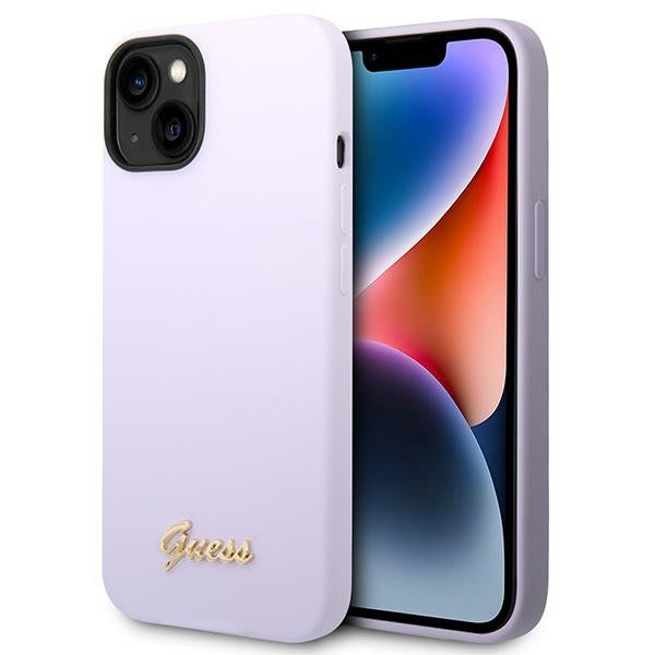 Силиконов калъф Guess Vintage Gold Logo за iPhone 14 / 15 Plus - лилав