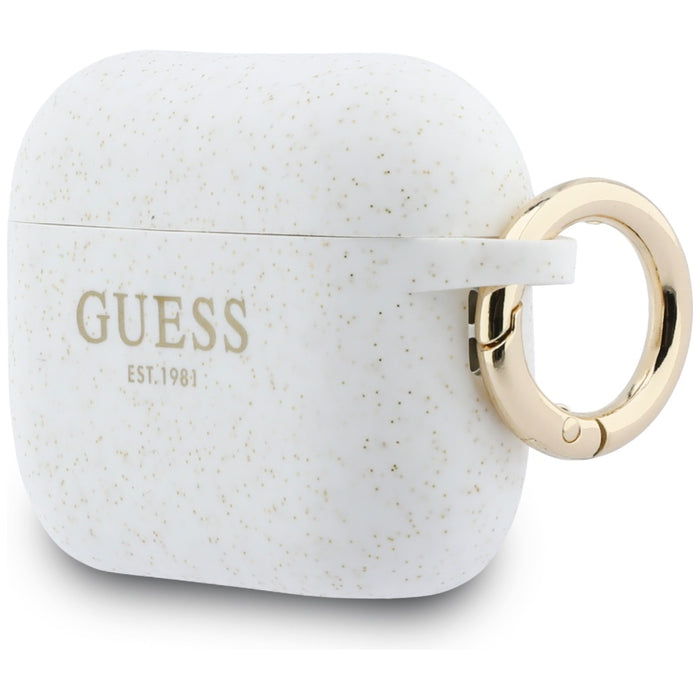 Силиконов калъф Guess с брокат и пръстен за AirPods Pro 3 - бял