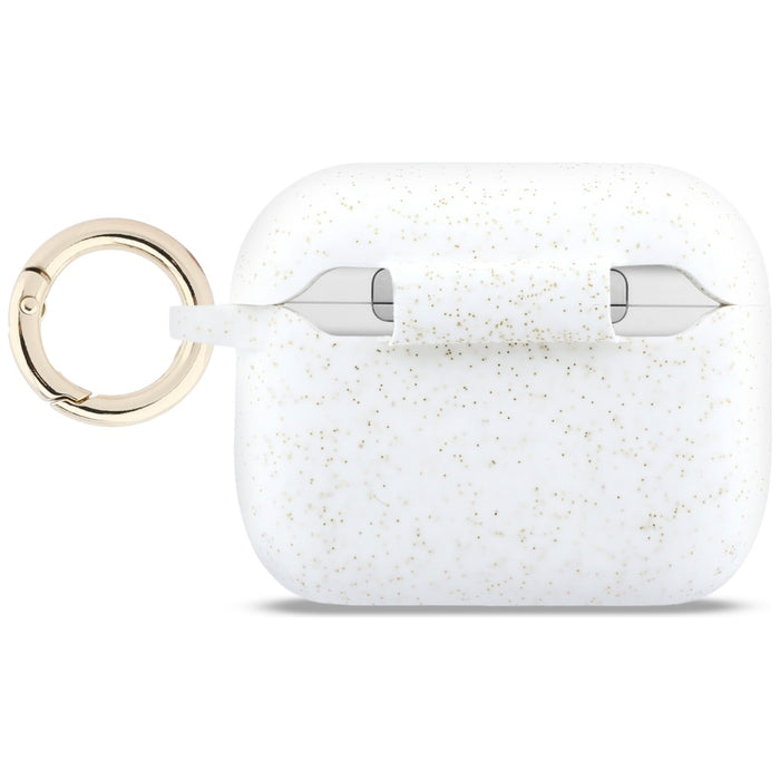 Силиконов калъф Guess с брокат и пръстен за AirPods Pro 3 - бял