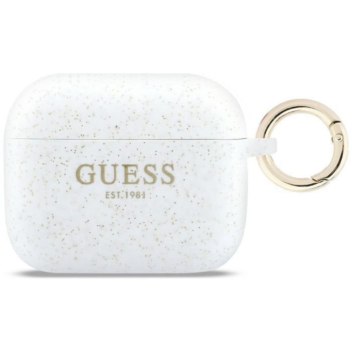 Силиконов калъф Guess с брокат и пръстен за AirPods Pro 3 - бял