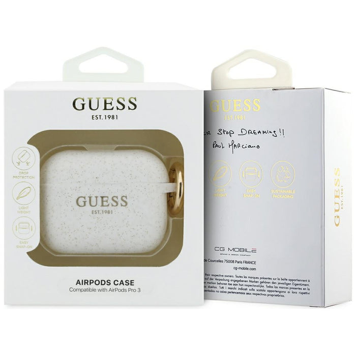 Силиконов калъф Guess с брокат и пръстен за AirPods Pro 3 - бял