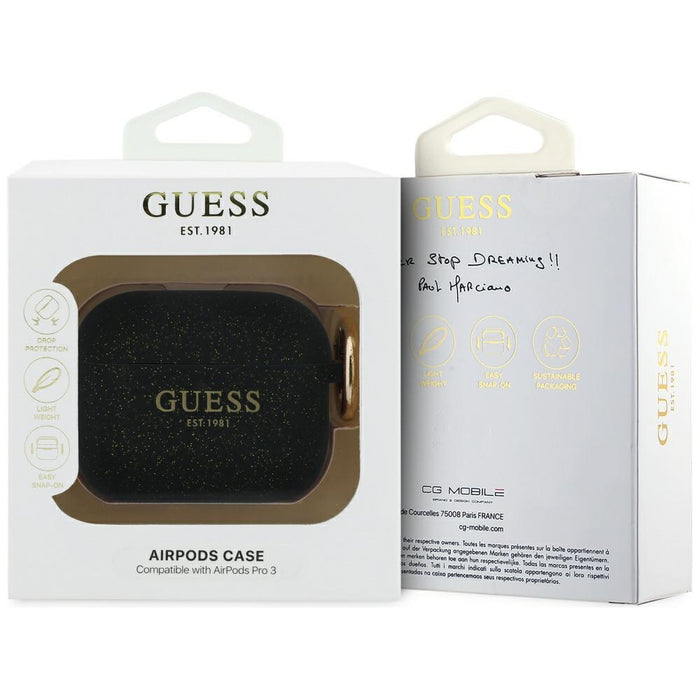 Силиконов калъф Guess с брокат и пръстен за AirPods Pro 3 - черен