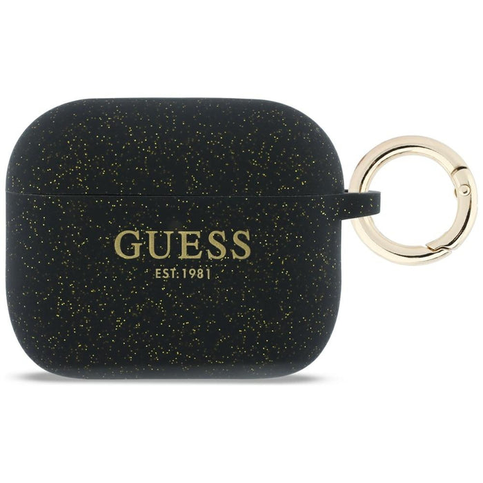 Силиконов калъф Guess с брокат и пръстен за AirPods Pro 3 - черен