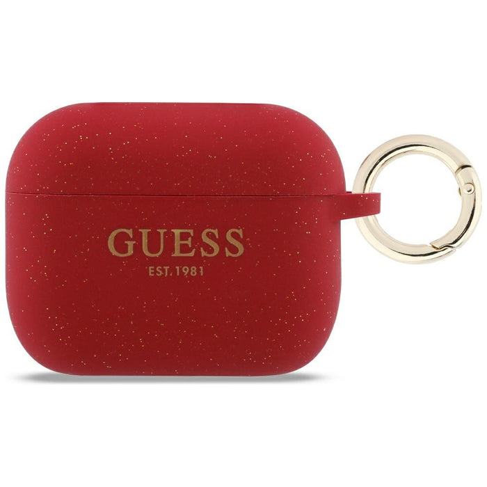 Силиконов калъф Guess с брокат и пръстен за AirPods Pro 3 - червен и брокат