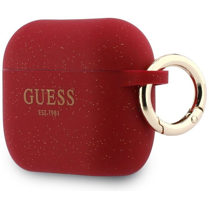 Силиконов калъф Guess с брокат и пръстен за AirPods Pro 3 - червен и брокат