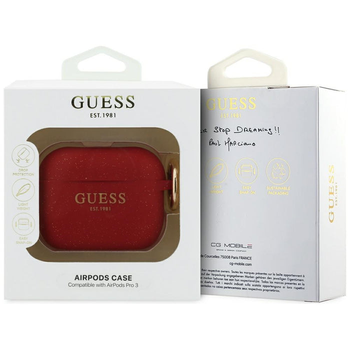 Силиконов калъф Guess с брокат и пръстен за AirPods Pro 3 - червен и брокат