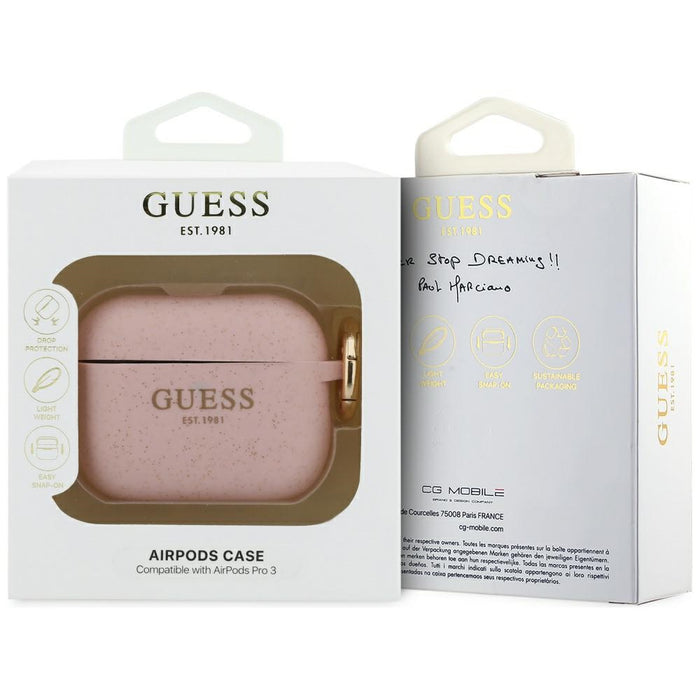 Силиконов калъф Guess с брокат и пръстен за AirPods Pro 3 - розов