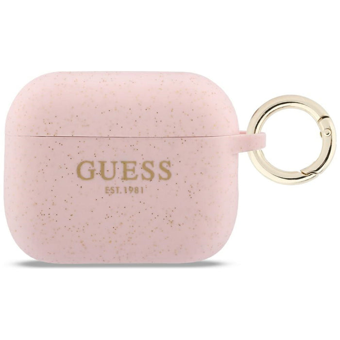 Силиконов калъф Guess с брокат и пръстен за AirPods Pro 3 - розов