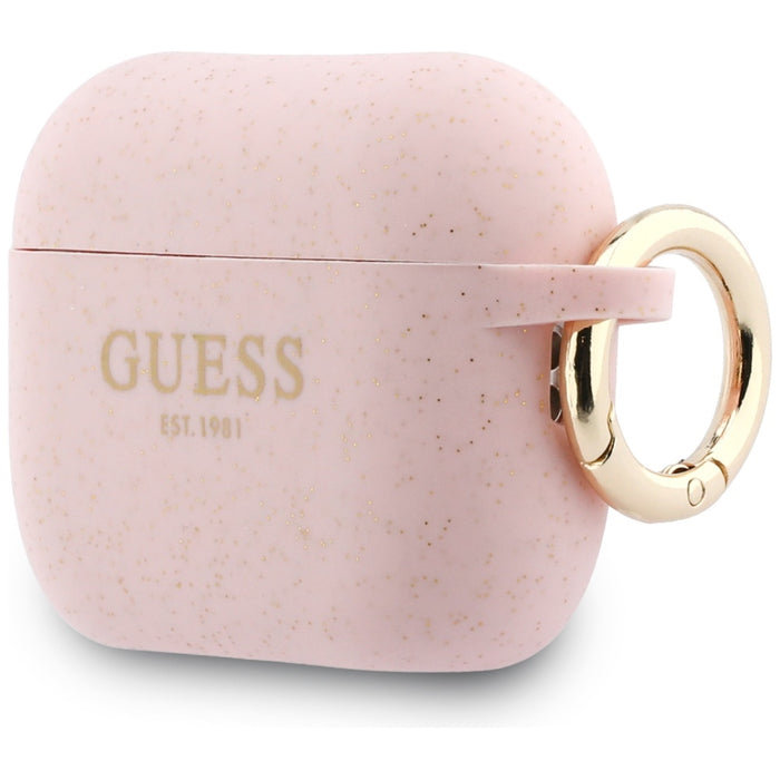 Силиконов калъф Guess с брокат и пръстен за AirPods Pro 3 - розов