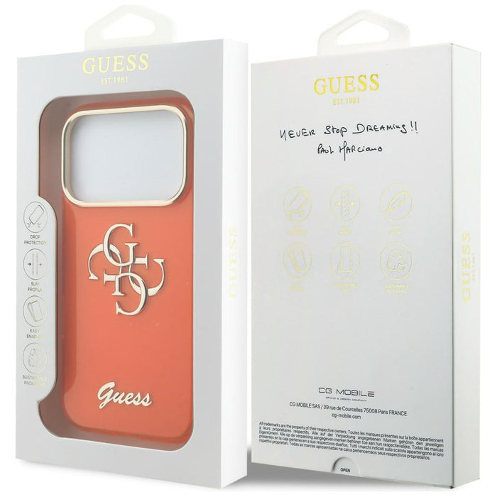 Метален калъф Guess IML 4G Script за iPhone 17 Pro Max - оранжев