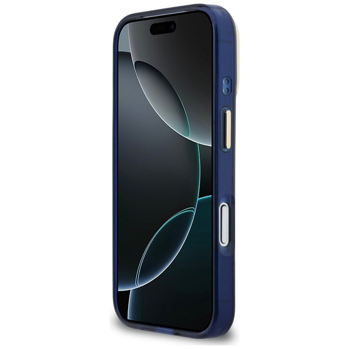 Метален калъф Guess IML 4G Script за iPhone 17 Pro - син