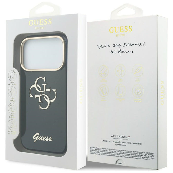 Метален калъф Guess IML 4G Script за iPhone 17 Pro - син