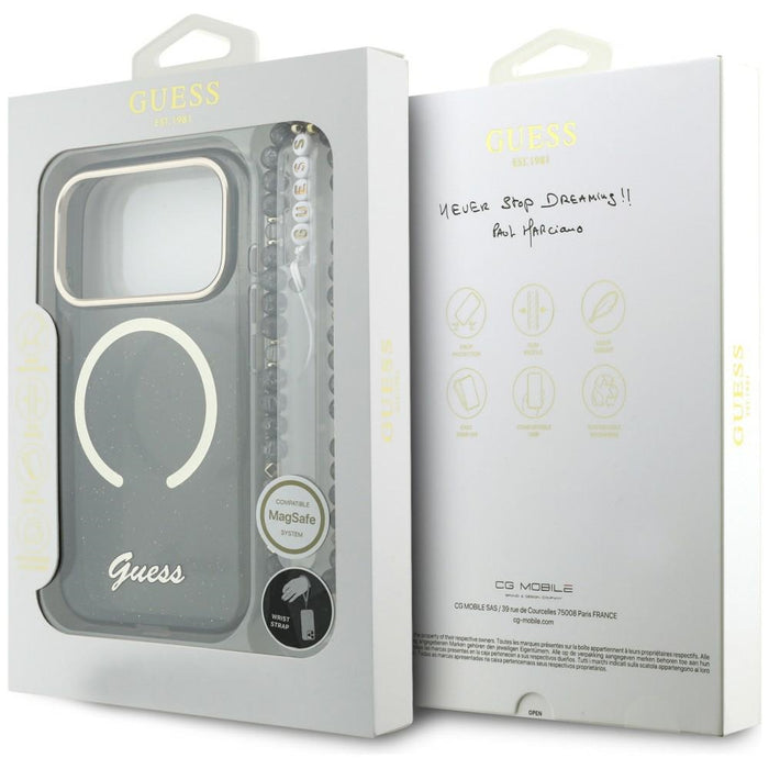 Калъф Guess IML Glitters Script Strap MagSafe за iPhone 17 Pro - черен