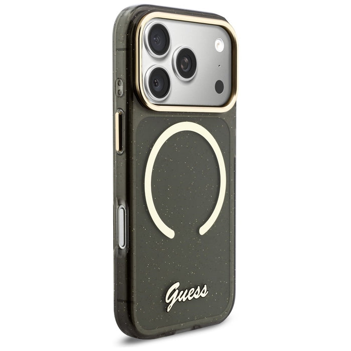 Калъф Guess IML Glitters Script Strap MagSafe за iPhone 17 Pro - черен