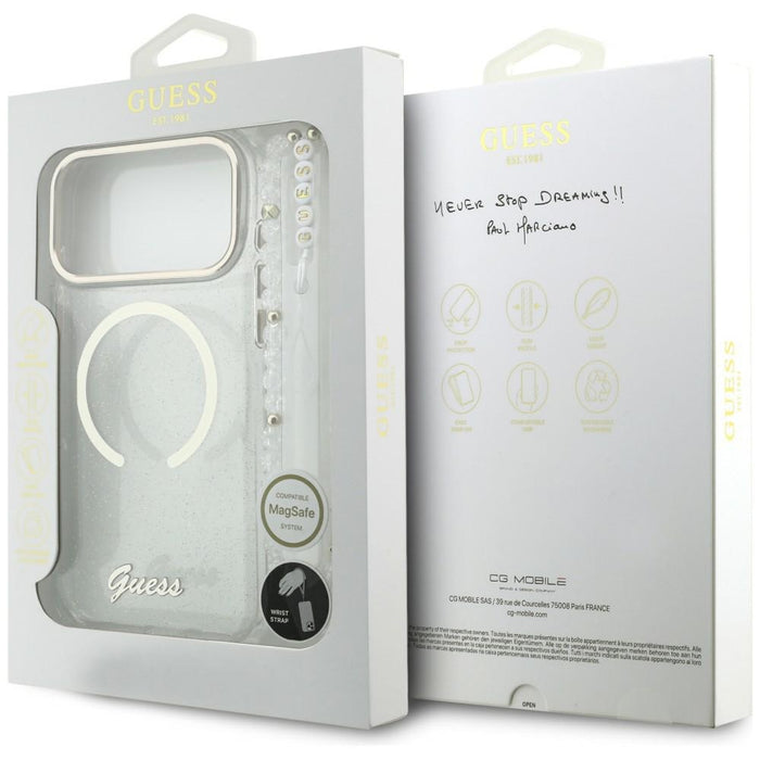 Калъф Guess IML Glitters Script Strap MagSafe за iPhone 17 Pro Max - прозрачен