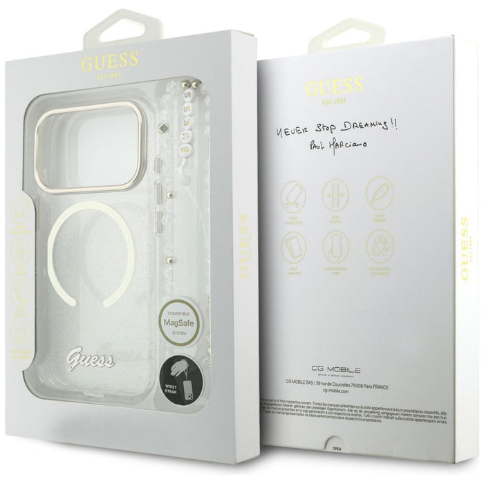 Калъф Guess IML Glitters Script Strap MagSafe за iPhone 17 Pro - прозрачен