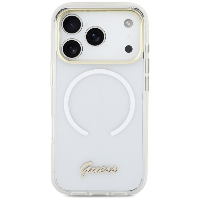 Метален калъф Guess IML Gradient Script MagSafe за iPhone 17 Pro - бял