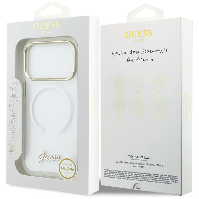 Метален калъф Guess IML Gradient Script MagSafe за iPhone 17 Pro - бял