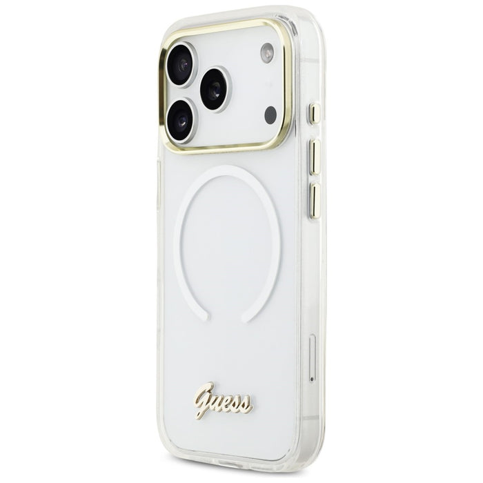 Метален калъф Guess IML Gradient Script MagSafe за iPhone 17 Pro - бял