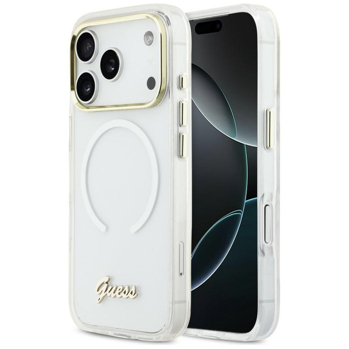 Метален калъф Guess IML Gradient Script MagSafe за iPhone 17 Pro - бял
