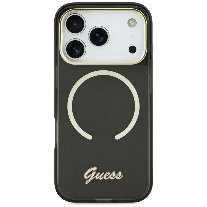 Метален калъф Guess IML Script MagSafe за iPhone 17 - черен