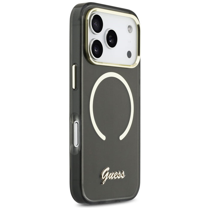 Метален калъф Guess IML Script MagSafe за iPhone 17 Pro - черен