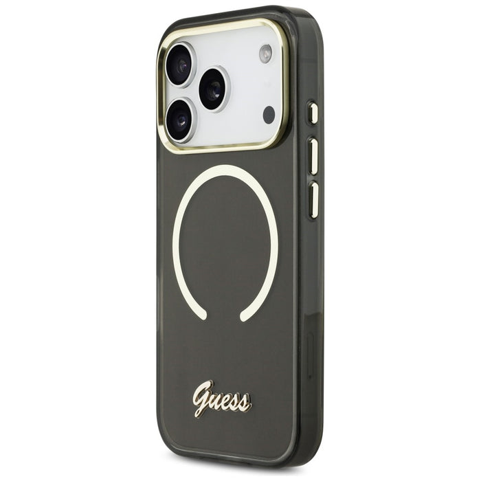 Метален калъф Guess IML Script MagSafe за iPhone 17 Pro - черен