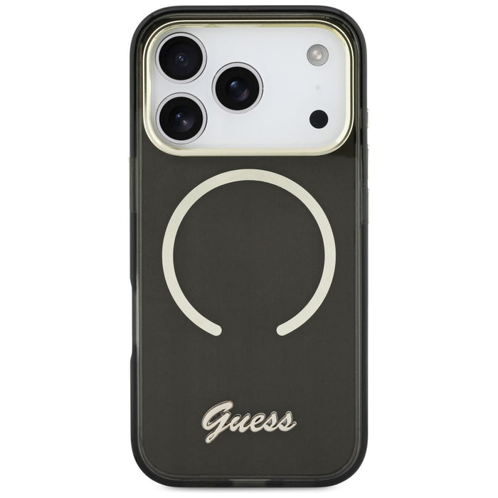 Метален калъф Guess IML Script MagSafe за iPhone 17 Pro - черен