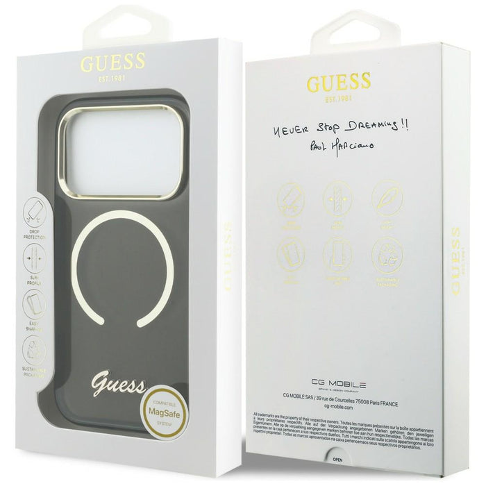 Метален калъф Guess IML Script MagSafe за iPhone 17 Pro - черен