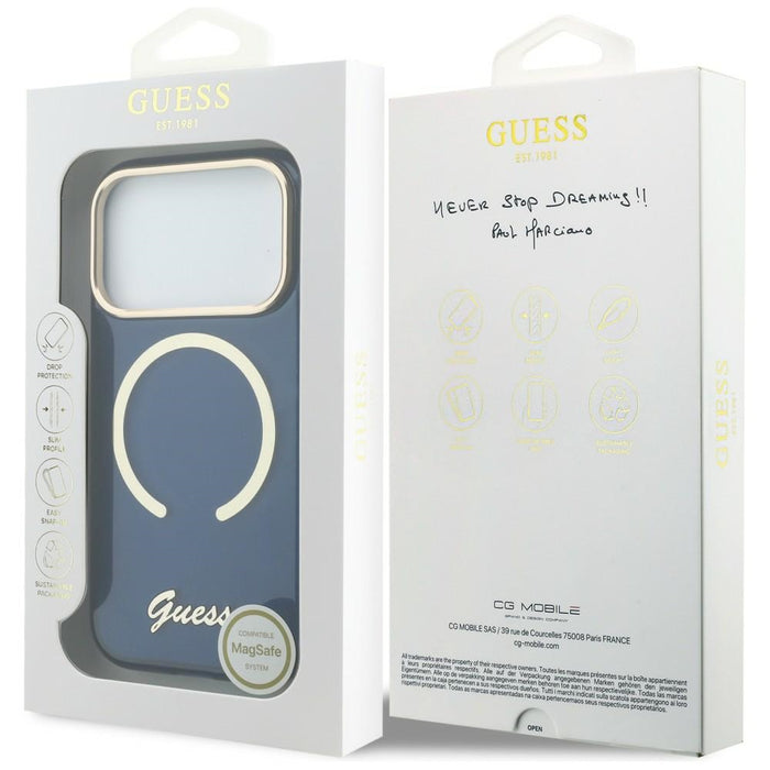 Калъф Guess IML Script Metal MagSafe за iPhone 17 Pro Max - син