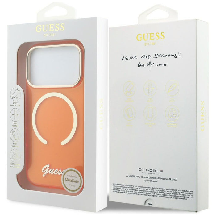 Метален калъф Guess IML Script MagSafe за iPhone 17 Pro Max - оранжев
