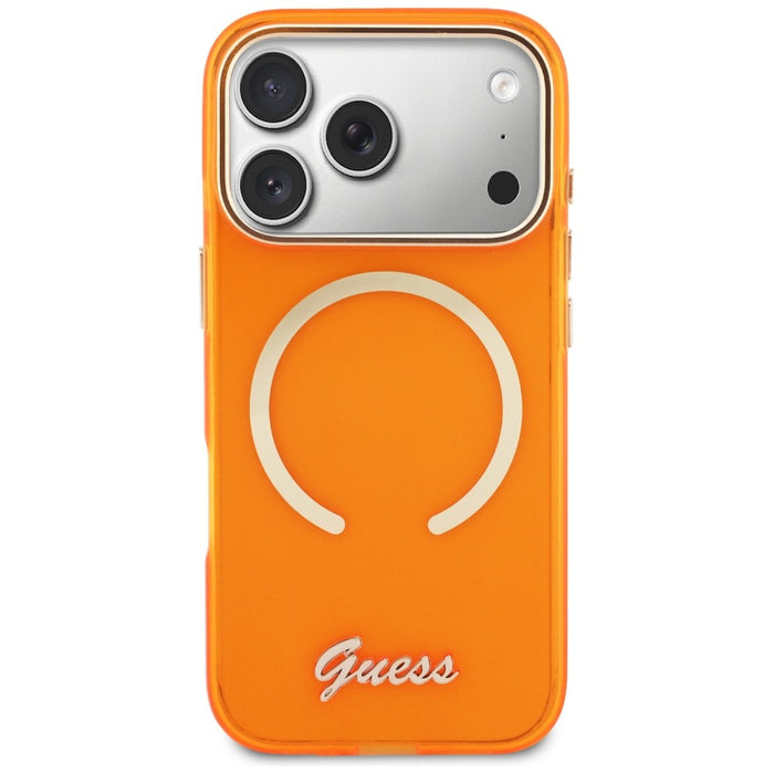 Метален калъф Guess IML Script MagSafe за iPhone 17 Pro Max - оранжев