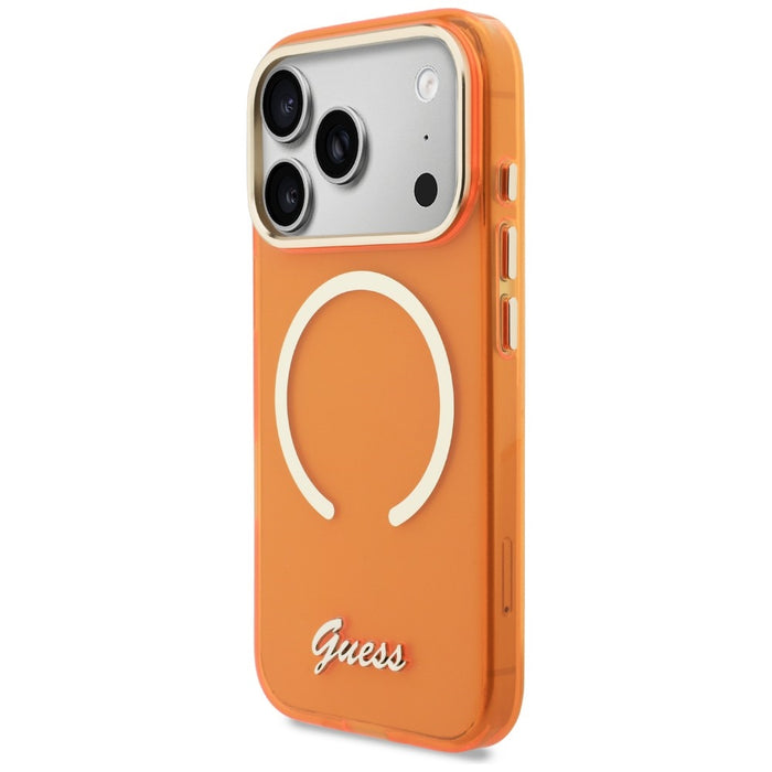 Метален калъф Guess IML Script MagSafe за iPhone 17 Pro Max - оранжев