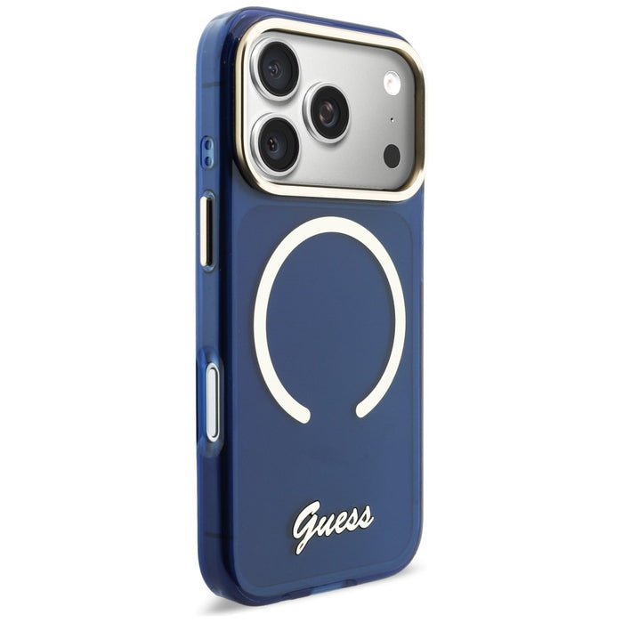Метален калъф Guess IML Script MagSafe за iPhone 17 Pro - син