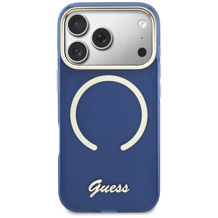 Метален калъф Guess IML Script MagSafe за iPhone 17 Pro - син