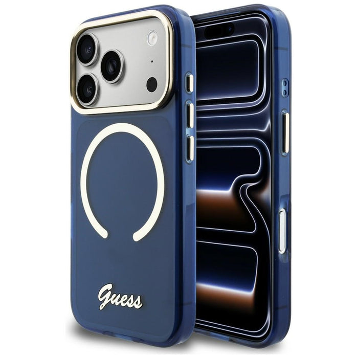 Метален калъф Guess IML Script MagSafe за iPhone 17 Pro - син