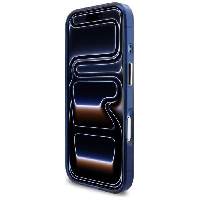 Метален калъф Guess IML Script MagSafe за iPhone 17 Pro - син