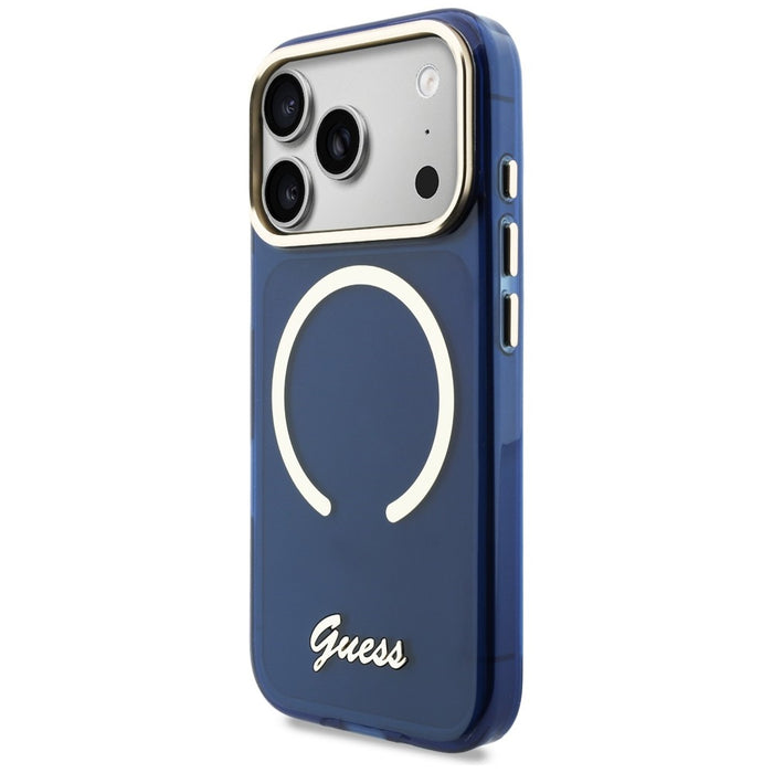 Метален калъф Guess IML Script MagSafe за iPhone 17 Pro - син