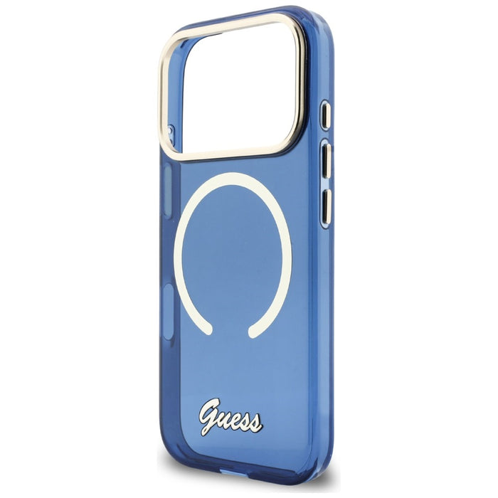 Метален калъф Guess IML Script MagSafe за iPhone 17 Pro - син