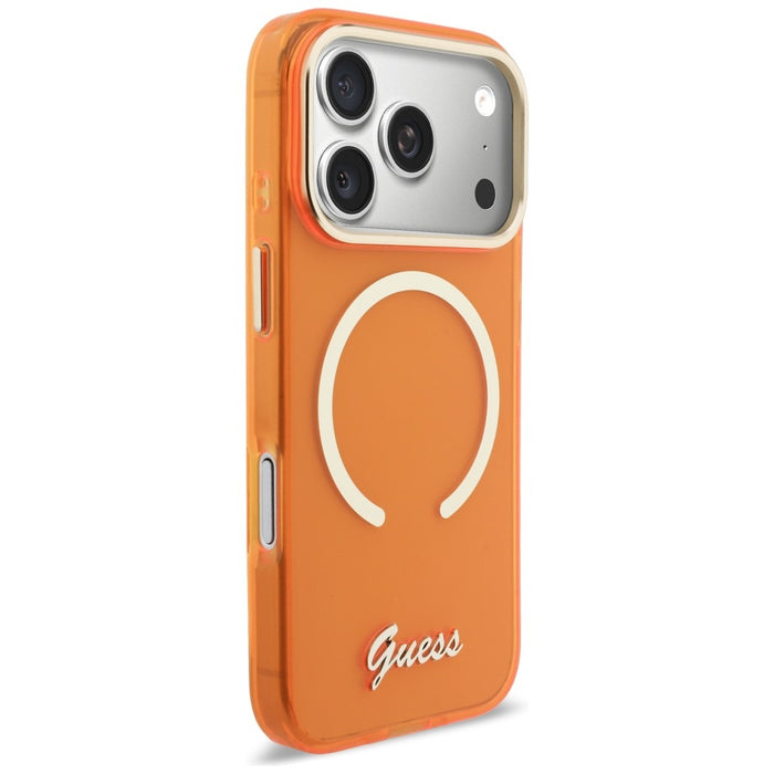 Метален калъф Guess IML Script MagSafe за iPhone 17 Pro - оранжев