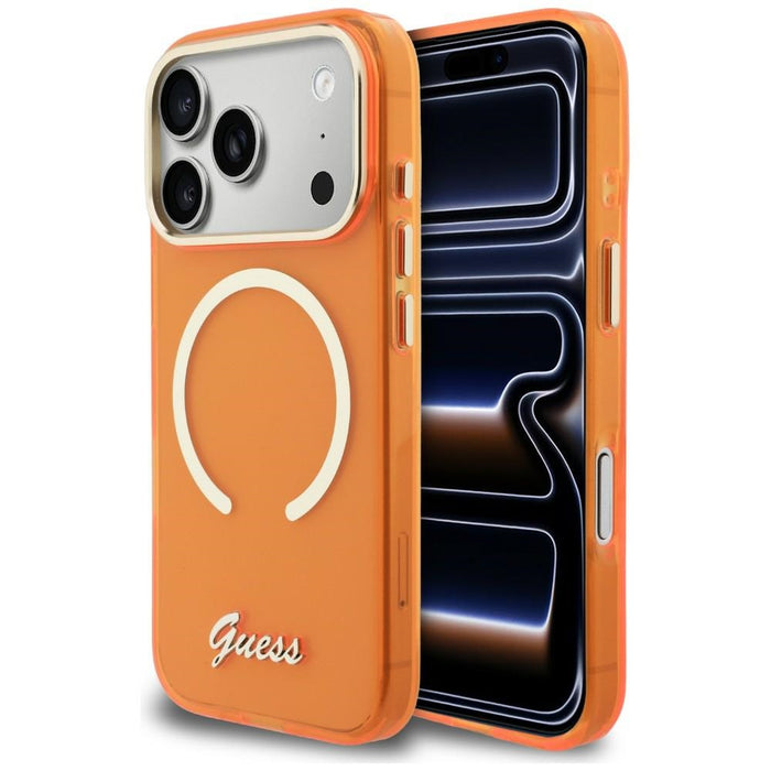 Метален калъф Guess IML Script MagSafe за iPhone 17 Pro - оранжев