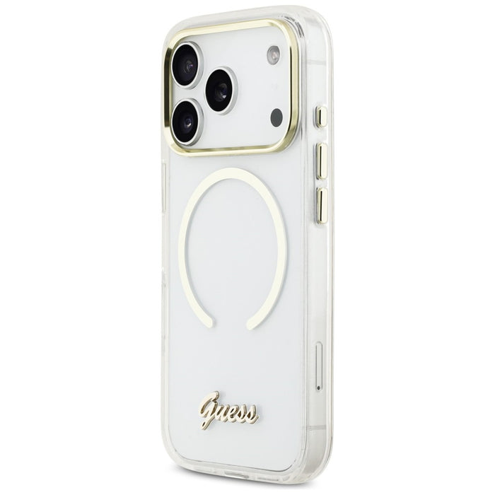 Метален калъф Guess IML Script MagSafe за iPhone 17 Pro - прозрачен