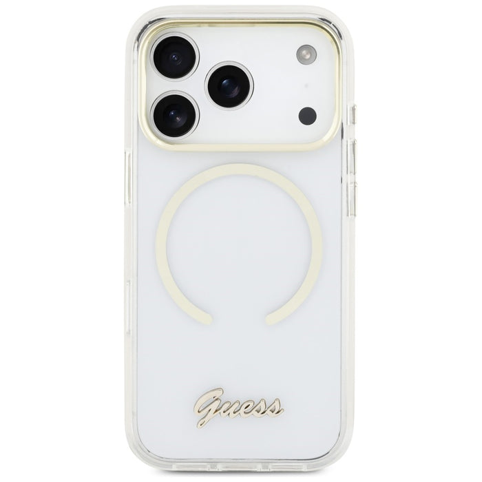 Метален калъф Guess IML Script MagSafe за iPhone 17 Pro - прозрачен