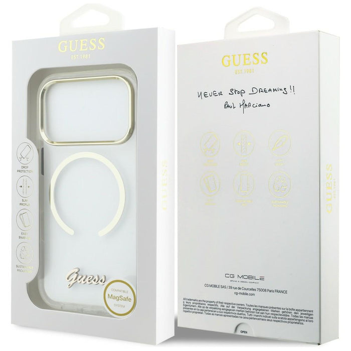 Метален калъф Guess IML Script MagSafe за iPhone 17 Pro - прозрачен