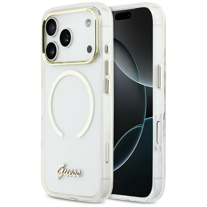 Метален калъф Guess IML Script MagSafe за iPhone 17 Pro - прозрачен